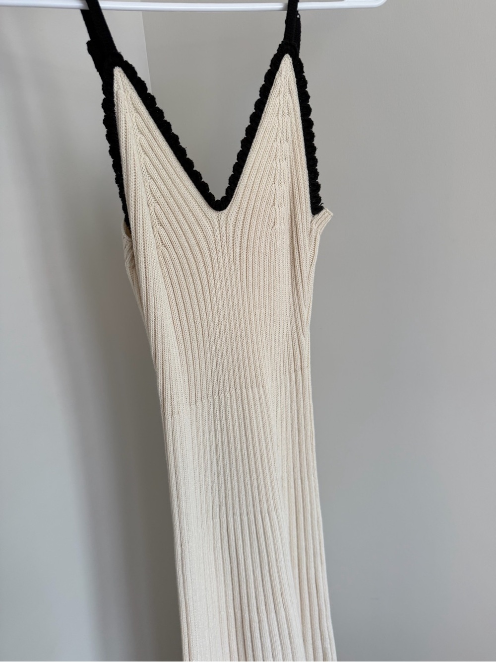 Cream Ribbed Knit Dress with Black Trim